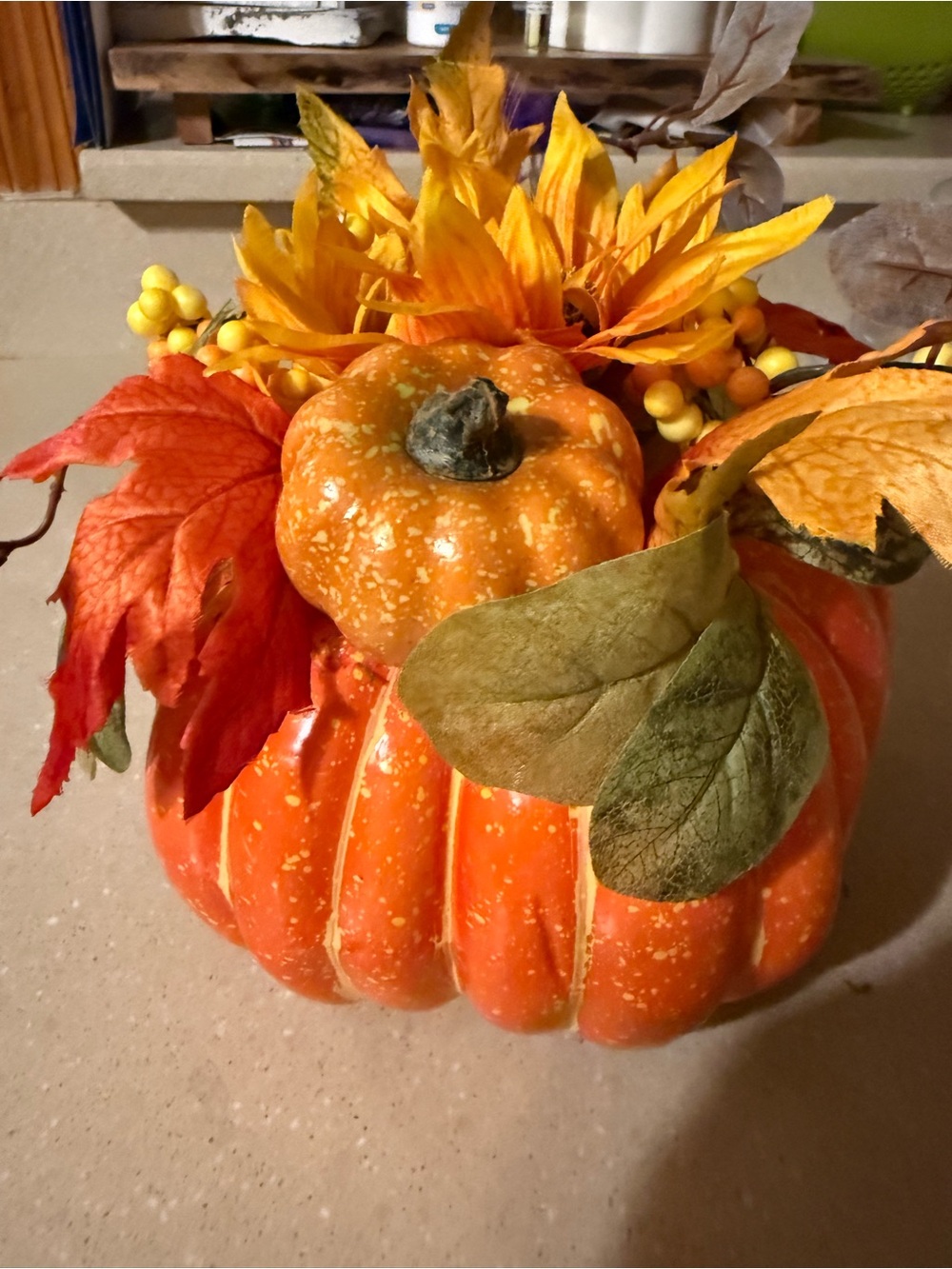 Autumn Orange Pumpkin Floral Accent - Decorative Fall Centerpiece